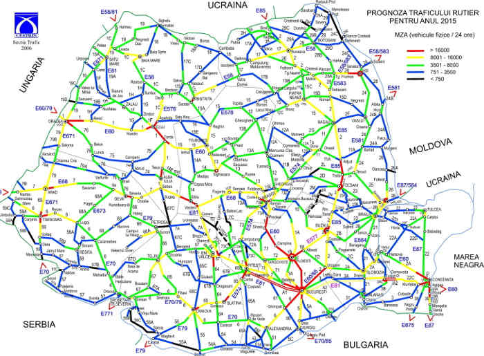 Harta valorilor de trafic pentru drumurile din Romania
